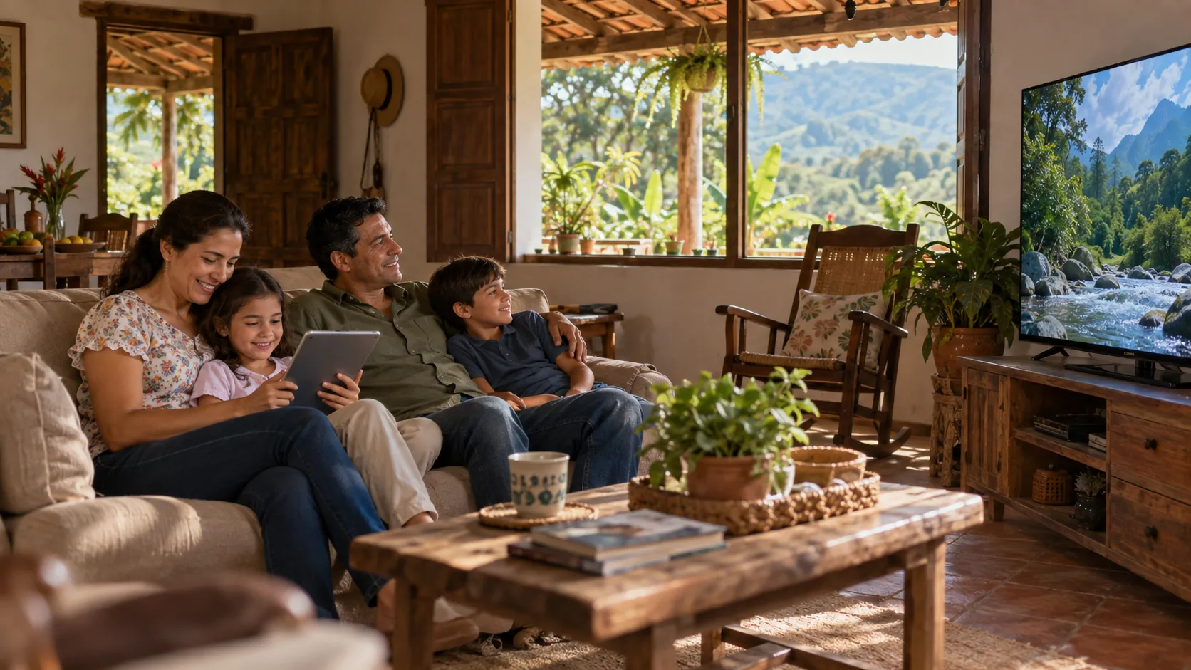 Familia reunida en casa usando internet