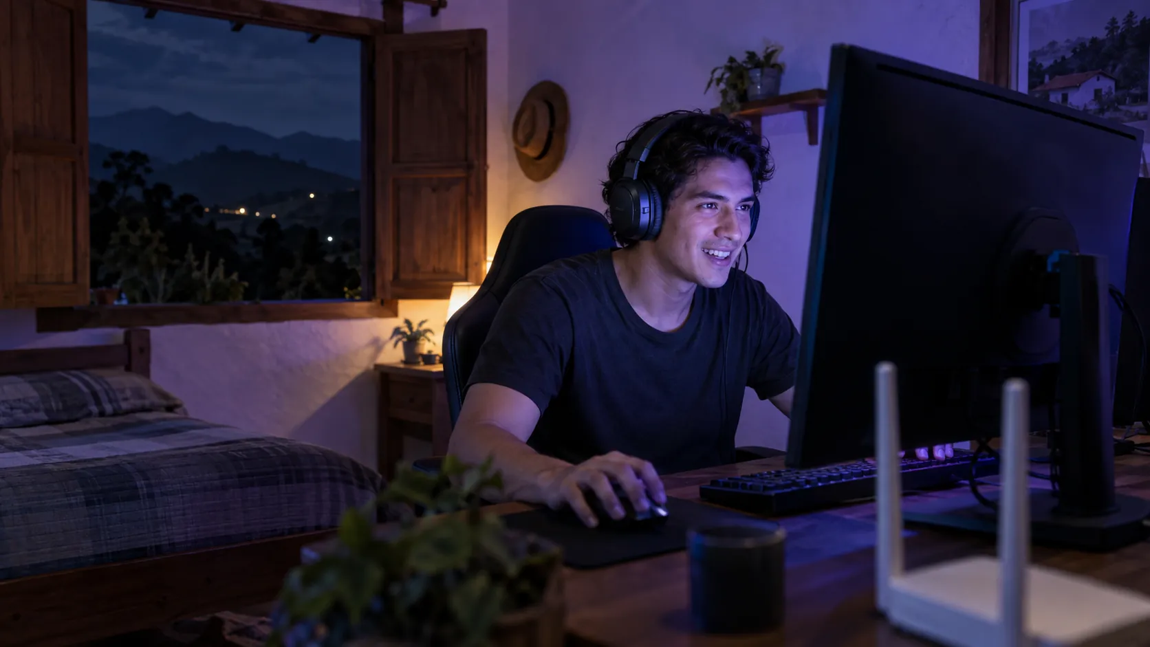 Joven jugando videojuegos en línea de noche
