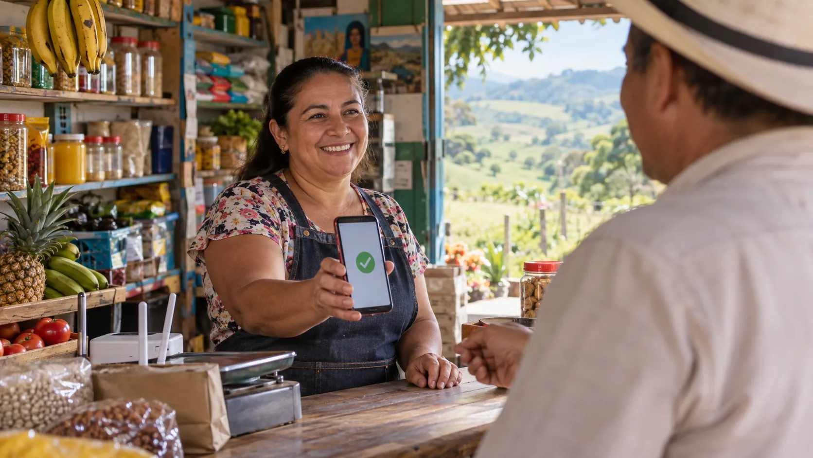 Dueña de una tienda atendiendo con su celular